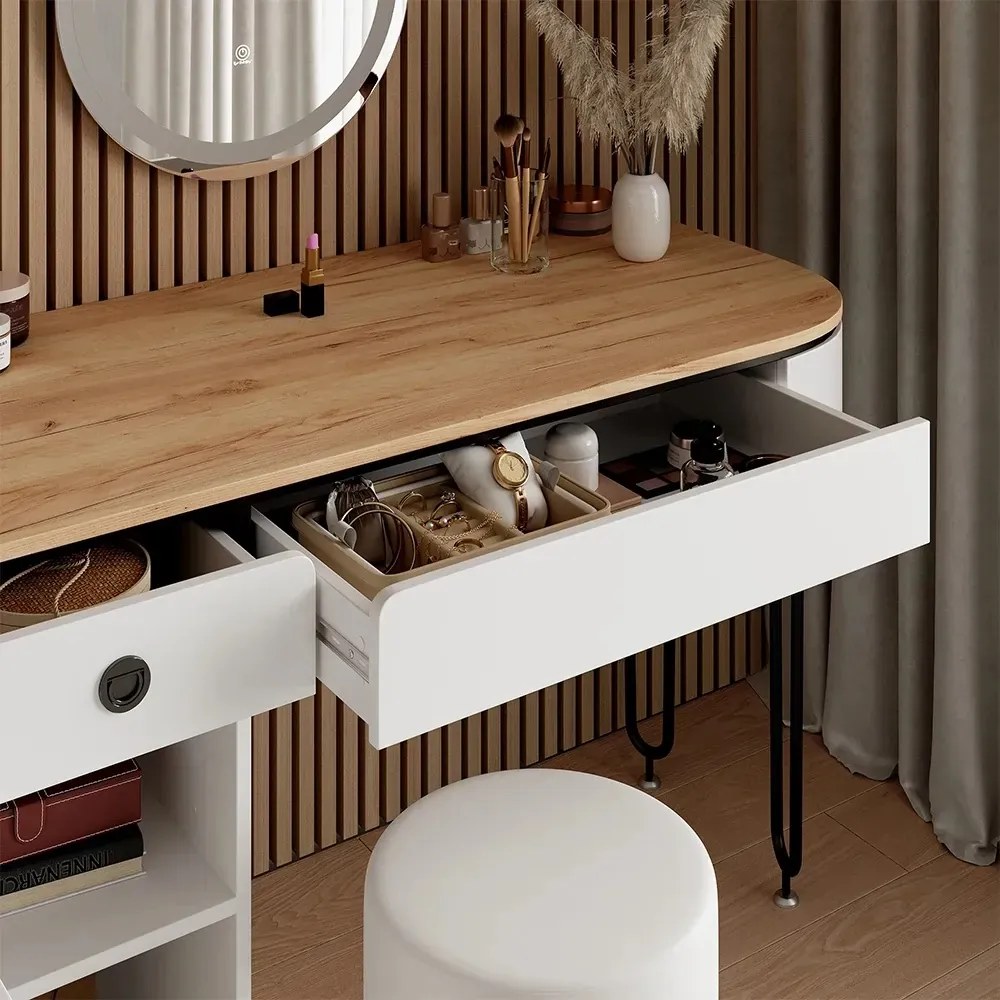 SEA808 - Set Masa toaleta 120 cm, cosmetica, machiaj, oglinda cu LED, masuta vanity - Alb - Negru - Culoarea Stejar