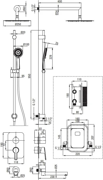 ARNIKA Set de Duș cu Montare Îngropată, cu BOX pentru Baterie finisaj negru BXYWNQAM