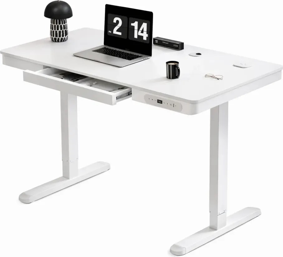 Birou Electric Reglabil pe Înălțime cu Sertar Ascuns, Încărcare Wireless & USB, Senzor de siguranță, 140x60, Alb