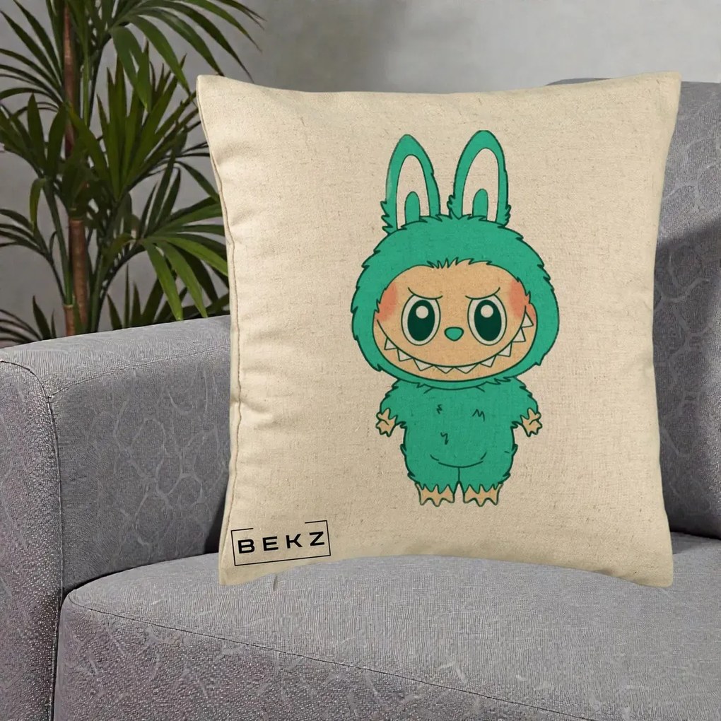 Perna Personalizata Labubu Turcoaz, 40x40 cm, Bej, Husa Detasabila, Perna Inclusa, BEKZ®