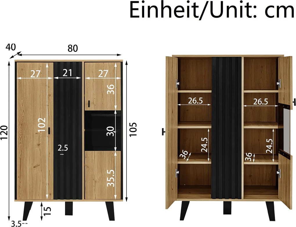 Dulap auxiliar cu vitrină, iluminare LED și sticlă, 80x40x120 cm, Culoare naturală+Negru
