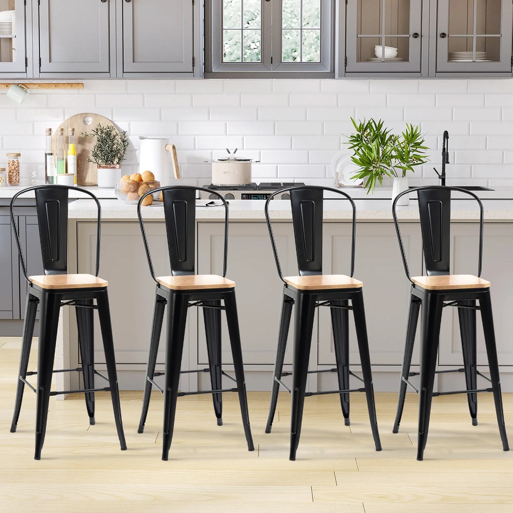 HOMCOM, Set de 4 taburete de bar, stil industrial, cu spătar, suport pentru picioare, înălțime 76 cm, Negru | Aosom Romania