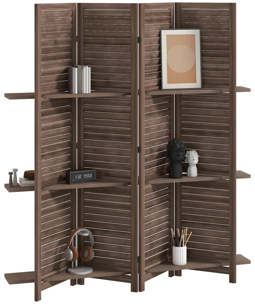 HOMCOM Paravan interior din lemn 4 panouri 160 x 170 cm, separator de cameră pliabil cu 3 rafturi, nuc | Aosom Romania