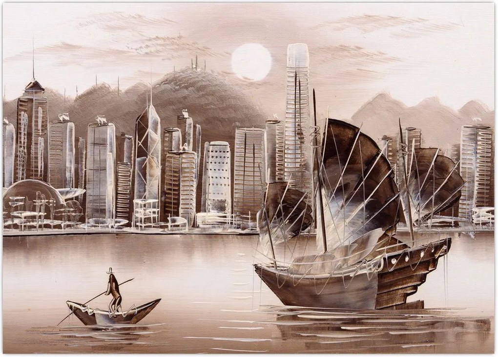 Tablou - Victoria Harbour, Hong Kong, efect sepia (70x50 cm)