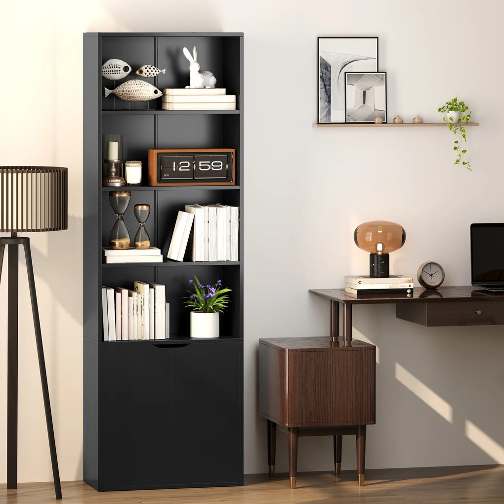 HOMCOM Bibliotecă Dulap pentru cărți cu 4 compartimente deschise și 2 uși pentru sufragerie și birou 59x29x180 cm Negru | Aosom Romania