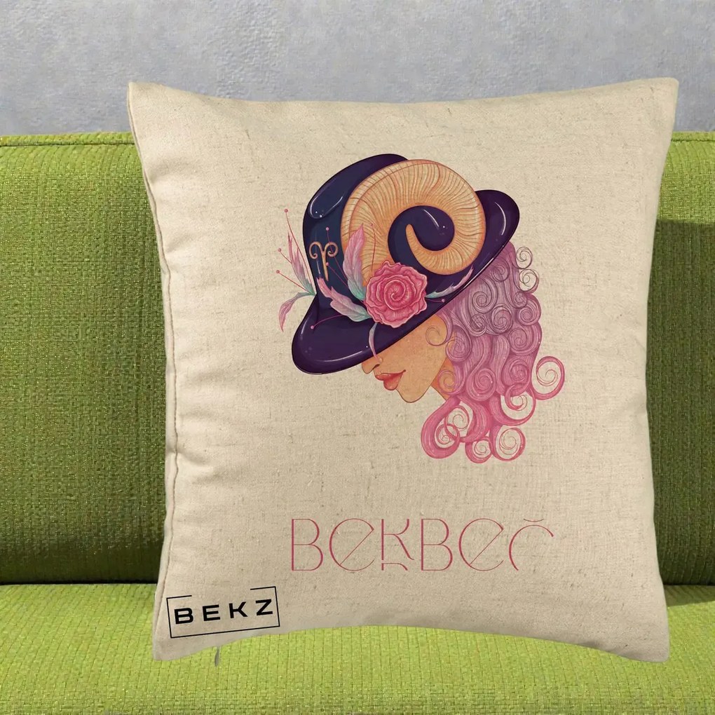 Perna Personalizata Zodie Berbec, 40x40 cm, Bej, Husa Detasabila, Perna Inclusa, BEKZ®