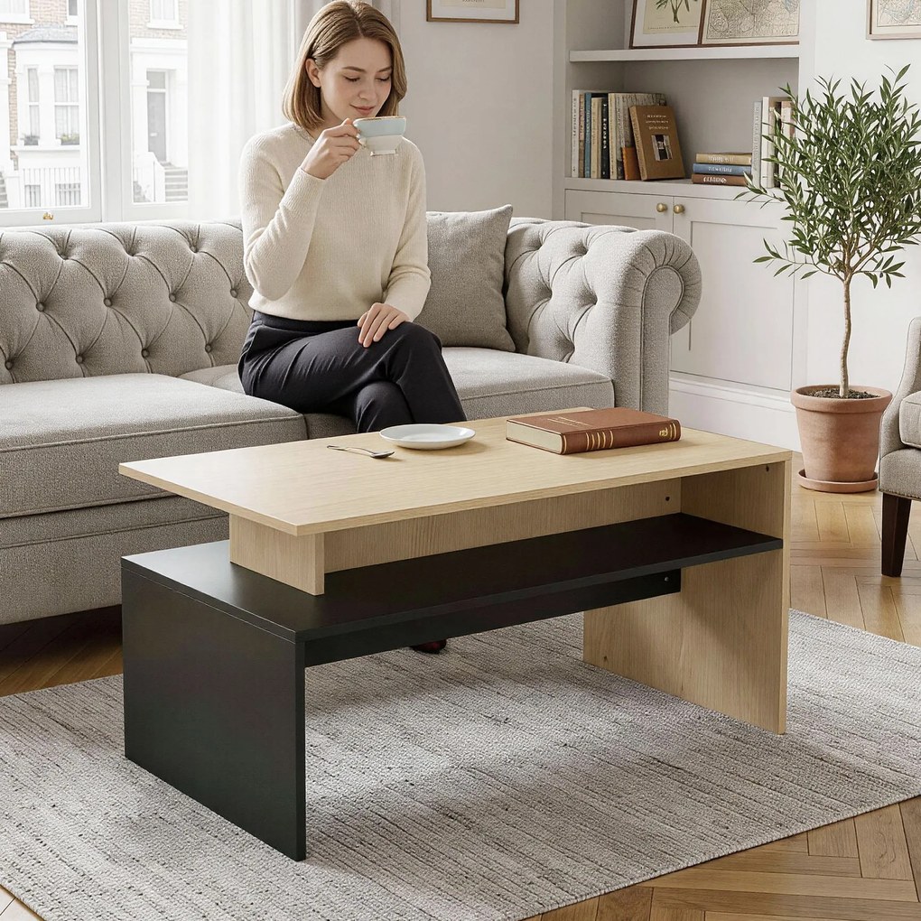 HOMCOM Masă de Cafea Modernă Bicoloră cu Niveluri Decalate și Poliță de Depozitare, 95 x 55 x 50 cm, Lemn Natural și Negru | Aosom Romania