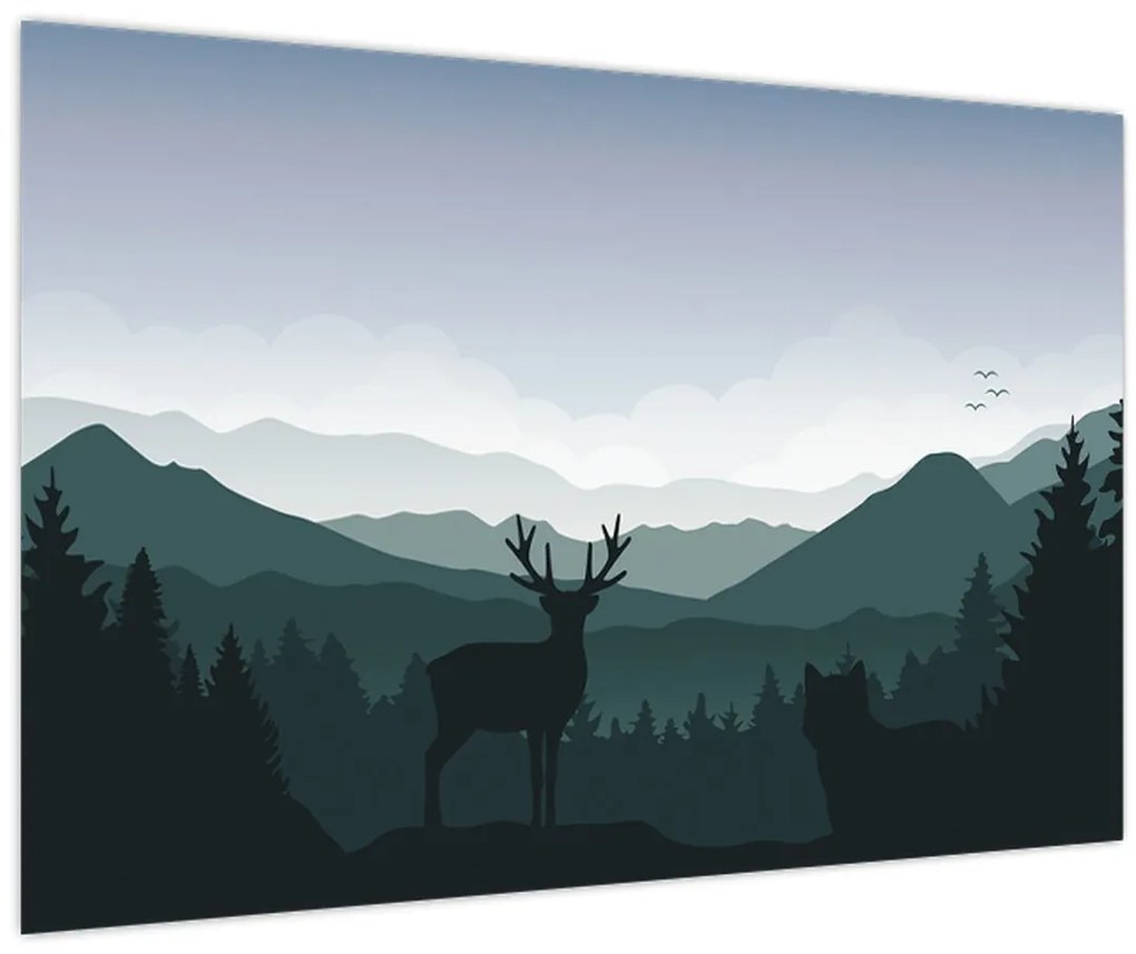 Tablou - Cerb cu lup pe stânci (90x60 cm)