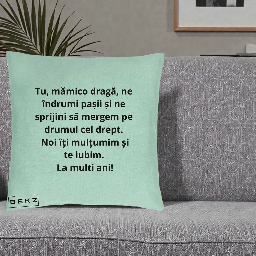 Cadou pentru Mama - Perna Personalizata Mamico Draga Te Iubim La Multi Ani cu Text Negru, 40x40 cm, Verde Menta, Husa Detasabila, Perna Inclusa, BEKZ®