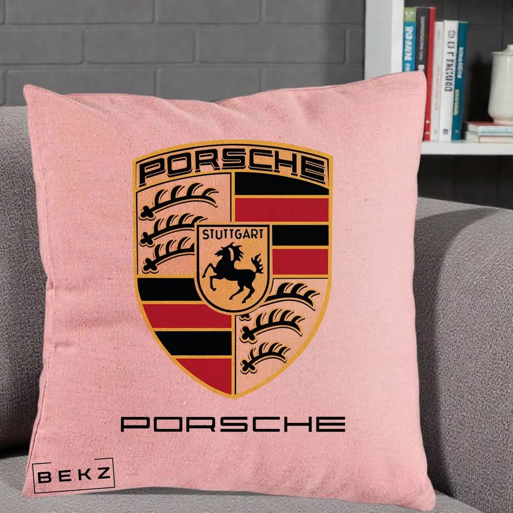 Perna Personalizata Porsche Stuttgart, 40x40 cm, Roz, Husa Detasabila, Perna Inclusa, BEKZ®