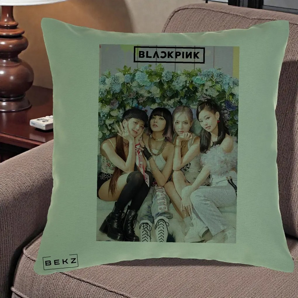 Perna Personalizata K-pop BLACKPINK Foto Grup, 40x40 cm, Verde, Husa Detasabila, Perna Inclusa, BEKZ®