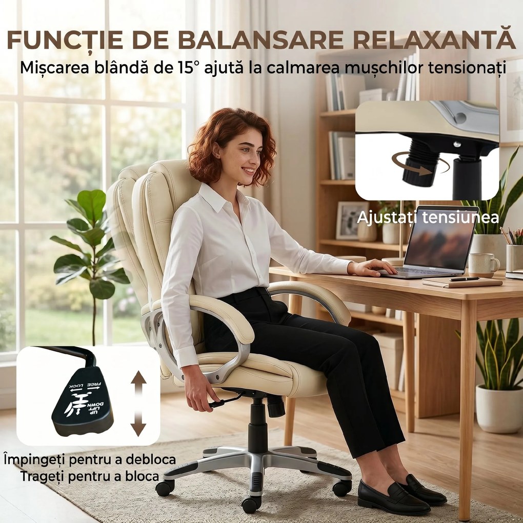 HOMCOM Scaun de Birou Rotativ din PU, Funcție Balansare, Spătar Înalt, Înălțime Reglabilă, Capacitate 120kg, Negru | Aosom Romania