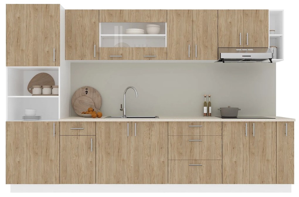 Set Bucatarie Karo V29, Lemn Natural/Alb, Blat Thermo 28 mm, L 320 cm