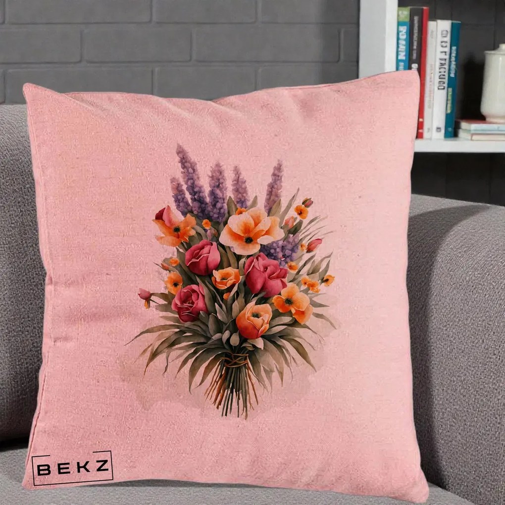 Perna Decorativa Buchet Mixt Acuarela Lavanda-Trandafiri, 40x40 cm, Roz, Husa Detasabila, Perna Inclusa, BEKZ®