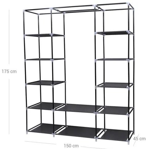 Dulap textil de depozitare MATIS 150x175 cm, negru, cu polițe și bară pentru haine