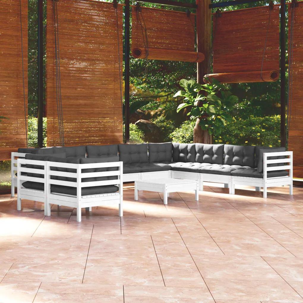3096918 vidaXL Set mobilier grădină cu perne, 11 piese, alb, lemn masiv pin