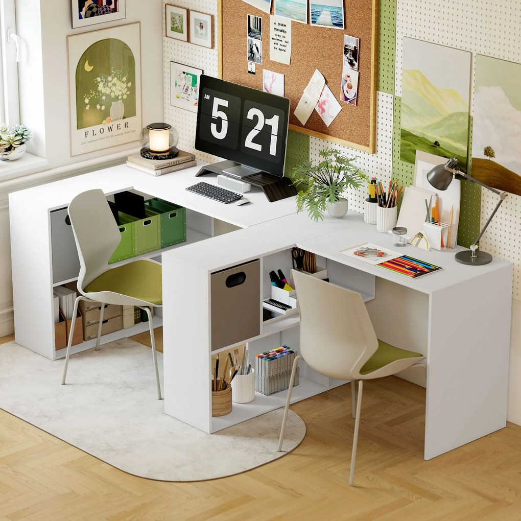 HOMCOM Birou Colțar pentru Computer, 110x100 cm, Birou în Formă de L cu Raft și Sertar din Material Textil, Masă pentru PC pentru Dormitor, Birou și Studio, Alb | Aosom Romania
