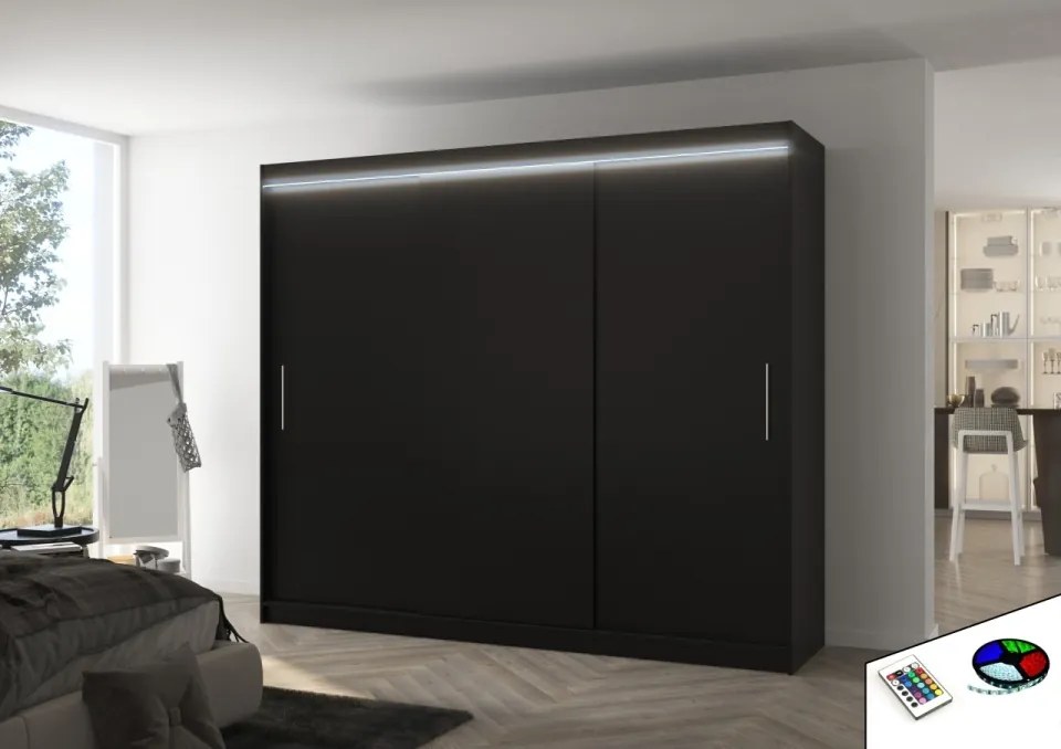 Dulap cu usi glisante si iluminare LED, Antos 250 + LED, 250 cmx200 cmx58 cm, ADRK Furniture (Culoare: Ciocolata)