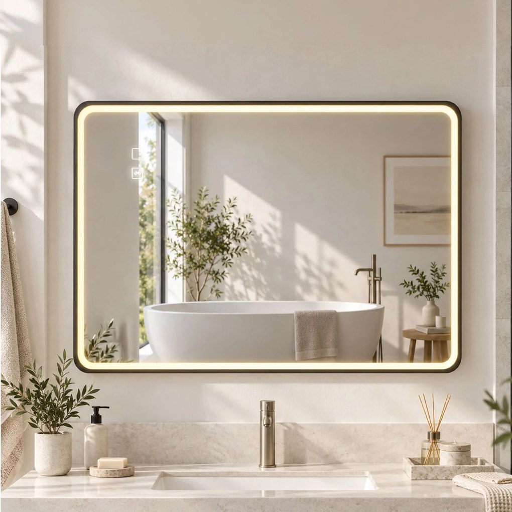 HOMCOM Oglindă de baie LED cu Bluetooth și antiaburire, 100x70 cm, negru | Aosom Romania