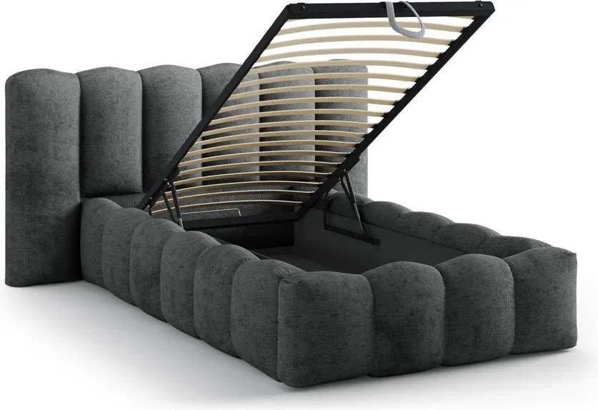 Pat gri închis tapițat cu spațiu de depozitare cu somieră 90x200 cm Lupine – Micadoni