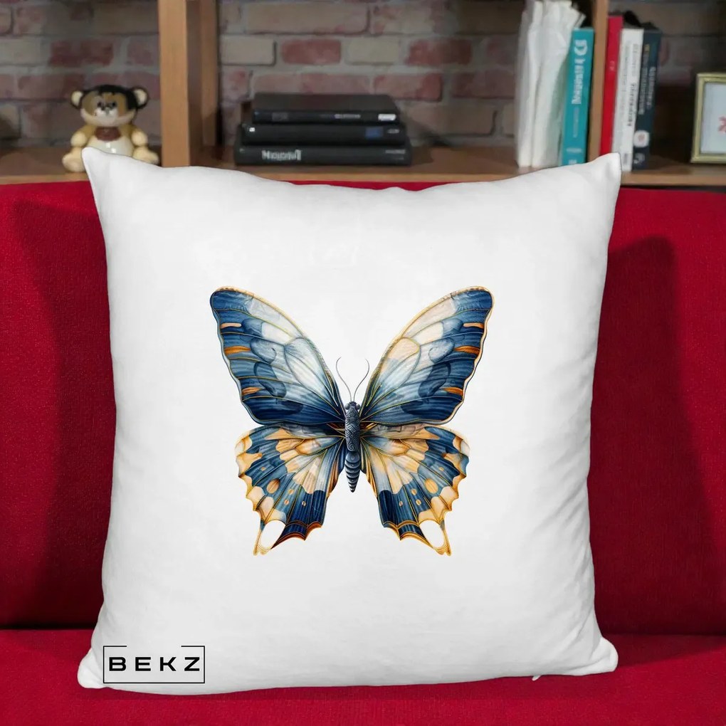 Perna Decorativa Fluture Albastru Auriu Elegant, 40x40 cm, Alb Pufos, Husa Detasabila, Perna Inclusa, BEKZ®