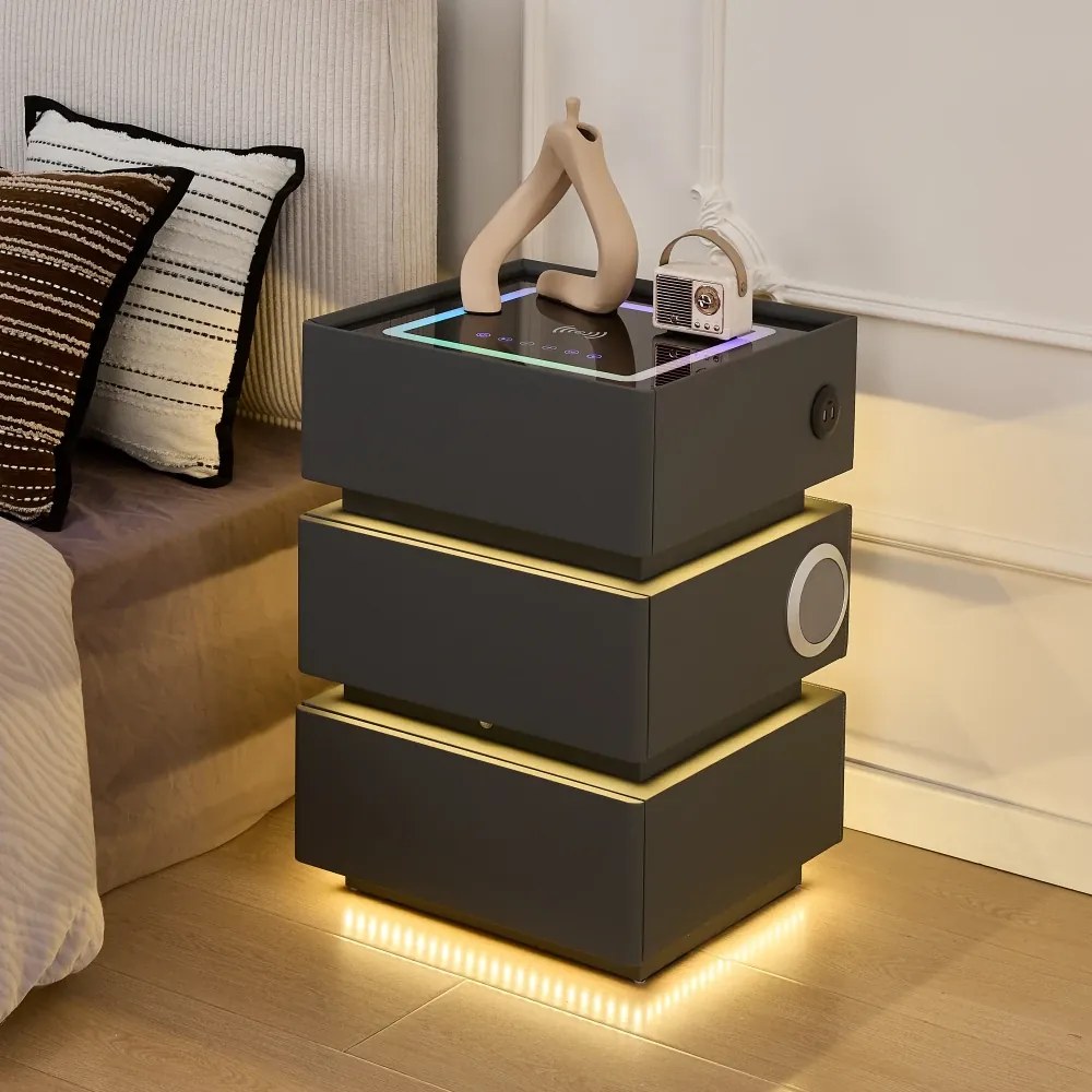 SÉLIA — Noptieră inteligentă cu încărcare Wireless, Bluetooth Stereo, iluminare RGB, USB + Type-C și senzor de mișcare, Gri