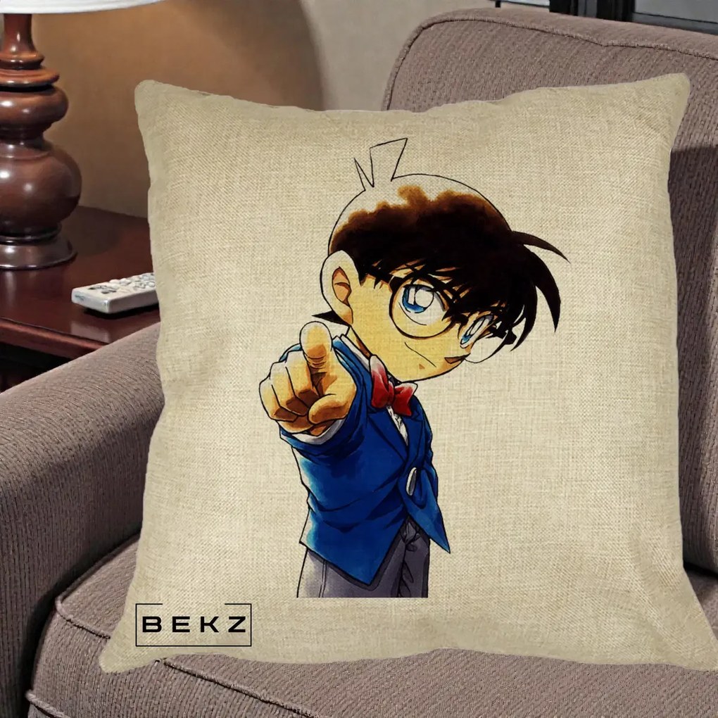 Perna Personalizata Detective Conan Conan Arata, 40x40 cm, Crem, Husa Detasabila, Perna Inclusa, BEKZ®