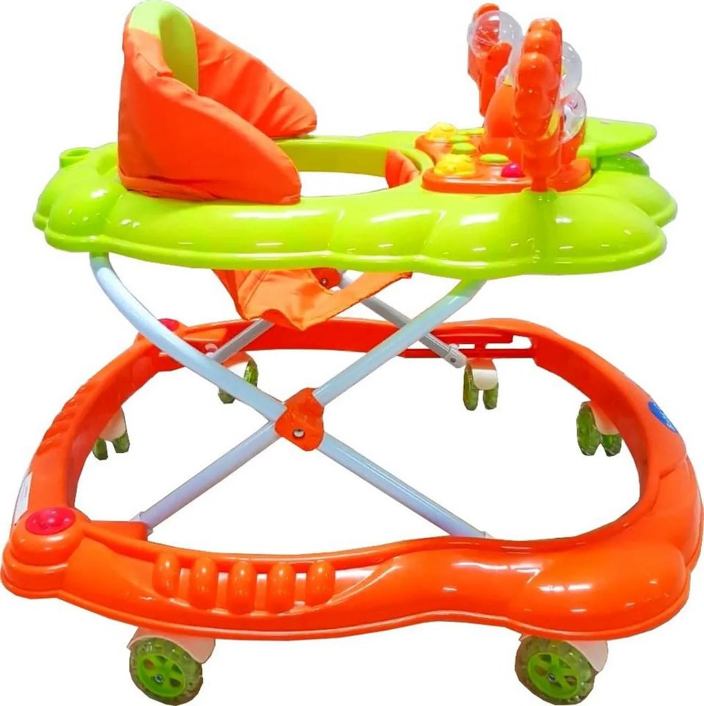 Premergator reglabil in 3 trepte NOVOKIDS™ Baby C, cu melodii, roti silentioase din silicon, Ratusca, Pliabil, Verde si Portocaliu
