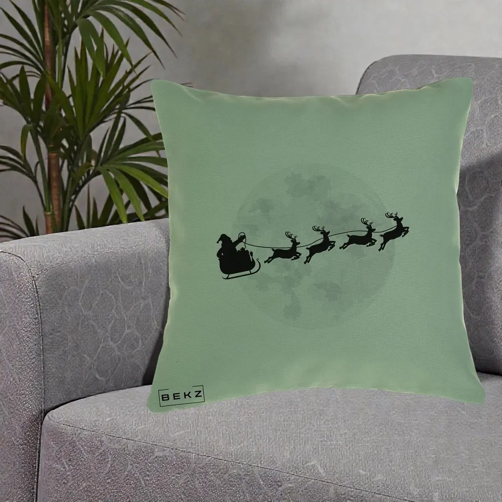Perna Decorativa Mos Craciun Sanie Luna, 40x40 cm, Verde, Husa Detasabila, Perna Inclusa, BEKZ®