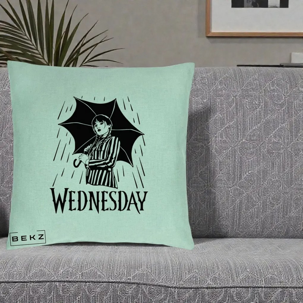 Perna Personalizata Wednesday cu Umbrela Ploaie Lineart, 40x40 cm, Verde Menta, Husa Detasabila, Perna Inclusa, BEKZ®