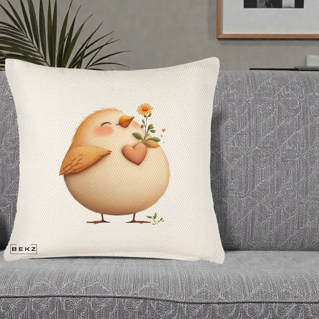Perna Decorativa Pui cu Inima si Floarea-Soarelui, 40x40 cm, Crem Reliefat, Husa Detasabila, Perna Inclusa, BEKZ®