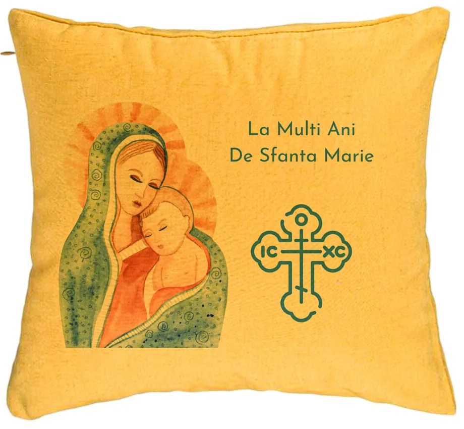 Perna Decorativa, Model La multi ani de Sfanta Maria, 40x40 cm, Galben, Husa Detasabila, Burduf