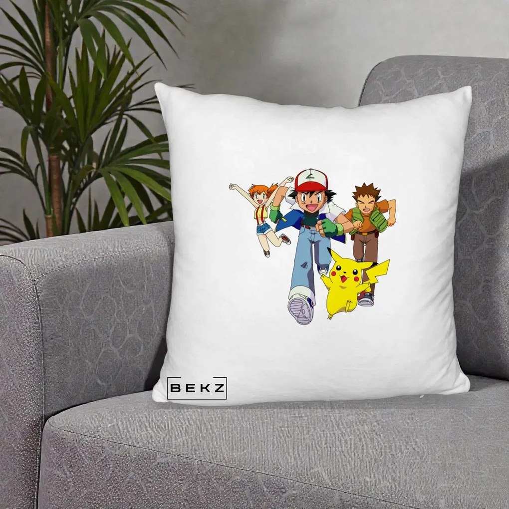 Perna Personalizata Pokemon Ash Misty Brock si Pikachu, 40x40 cm, Alb Pufos, Husa Detasabila, Perna Inclusa, BEKZ®
