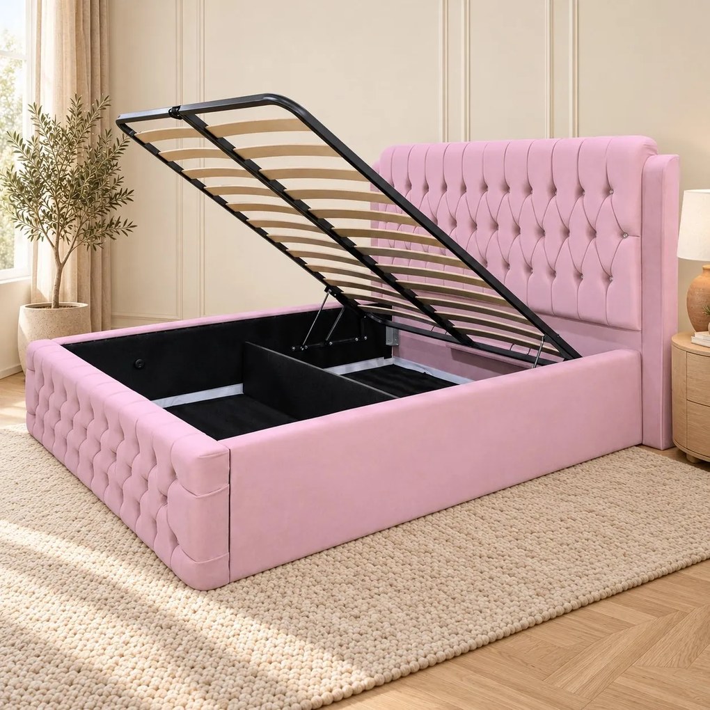 Pat tapițat Chesterfield din catifea Aveline Deluxe 180×200 cm, roz, cu ladă de depozitare