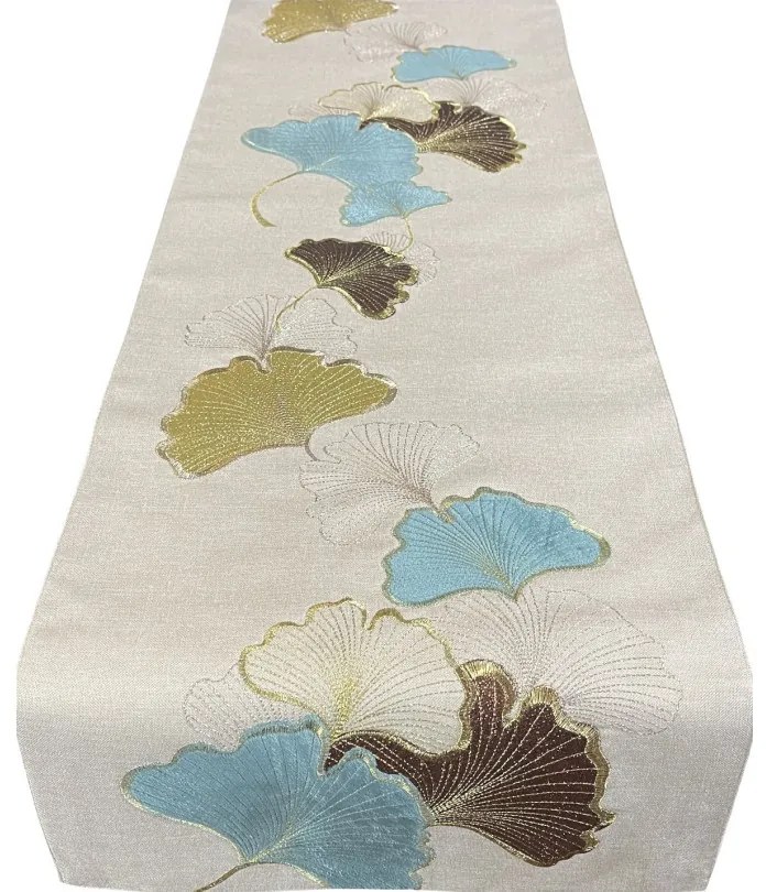 Traversă decorativă bej cu motiv de frunze de Ginkgo Lățime: 35 cm | Lungime: 140 cm