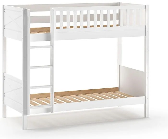 Pat pentru copii alb supraetajat din lemn masiv de pin cu spațiu de depozitare 90x200 cm SCOTT – Vipack