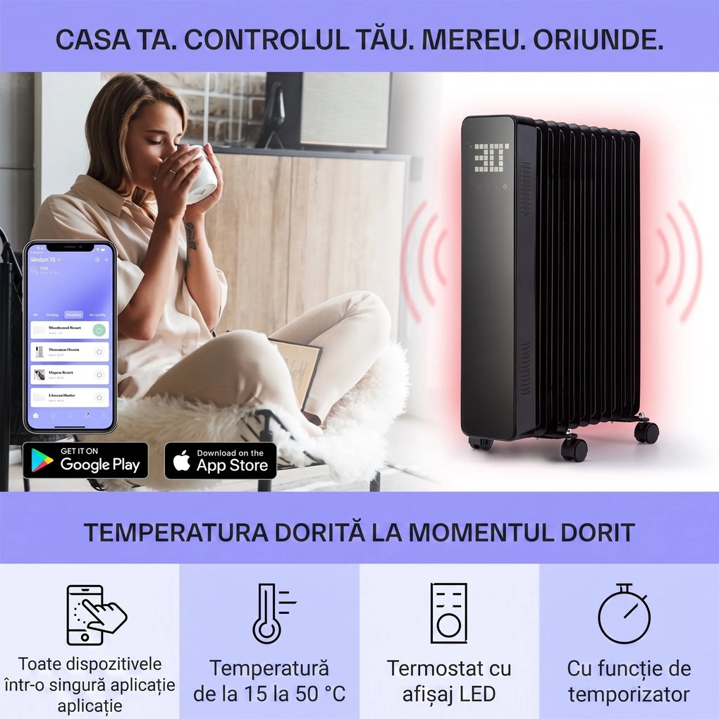 Sanford Smart, radiator cu ulei, putere 2500 W, cronometru săptămânal, afișaj LED, panou tactil, aplicație Klarstein