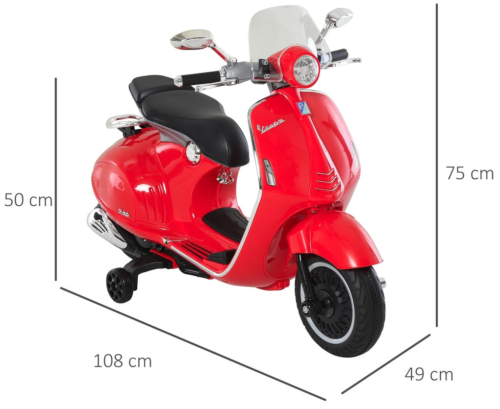 HOMCOM Motocicletă Electrică pentru Copii 3+ Ani, Motocicletă Jucărie din PP și Oțel cu 2 Roți Suplimentare, 108x49x75 cm, Roșie | Aosom Romania