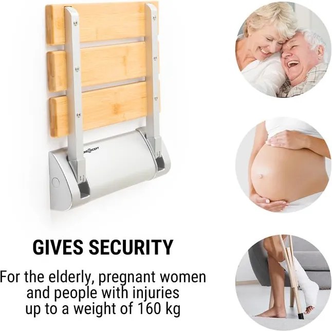 OneConcept Arielle, scaun de duș, bambus, aluminiu, rabatabil, 160 kg max., lemn