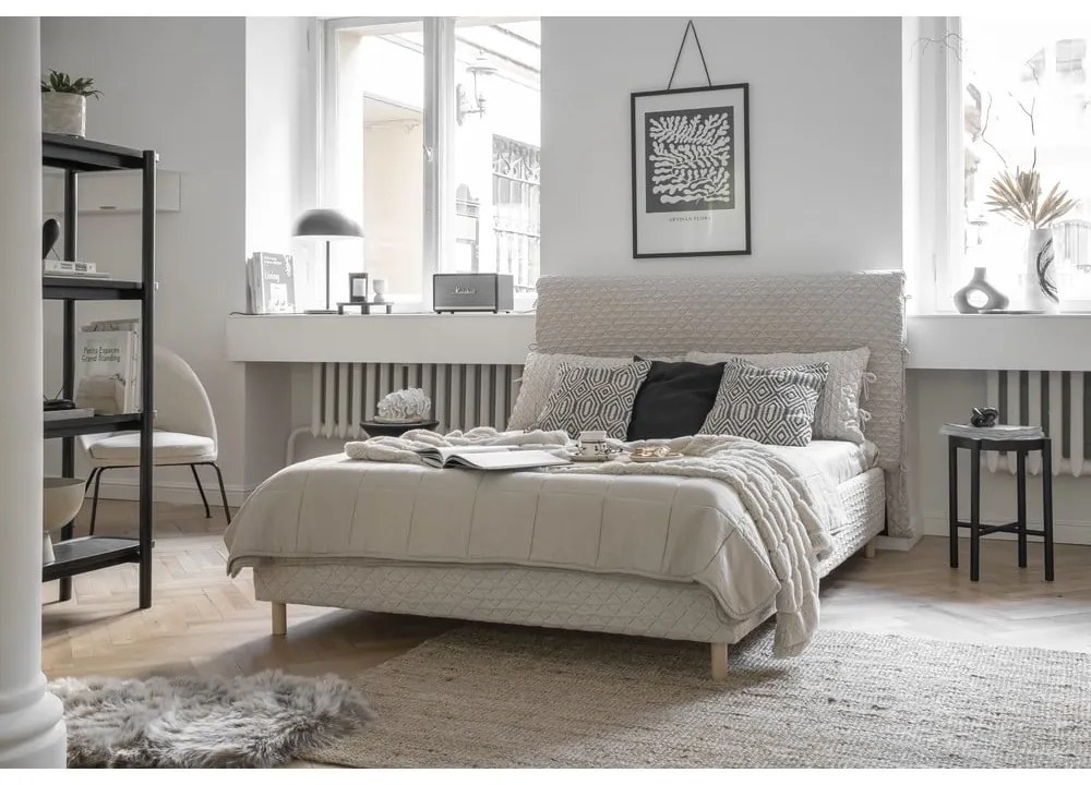 Pat matrimonial bej tapițat și somieră 160x200 cm Sleepy Luna – Miuform