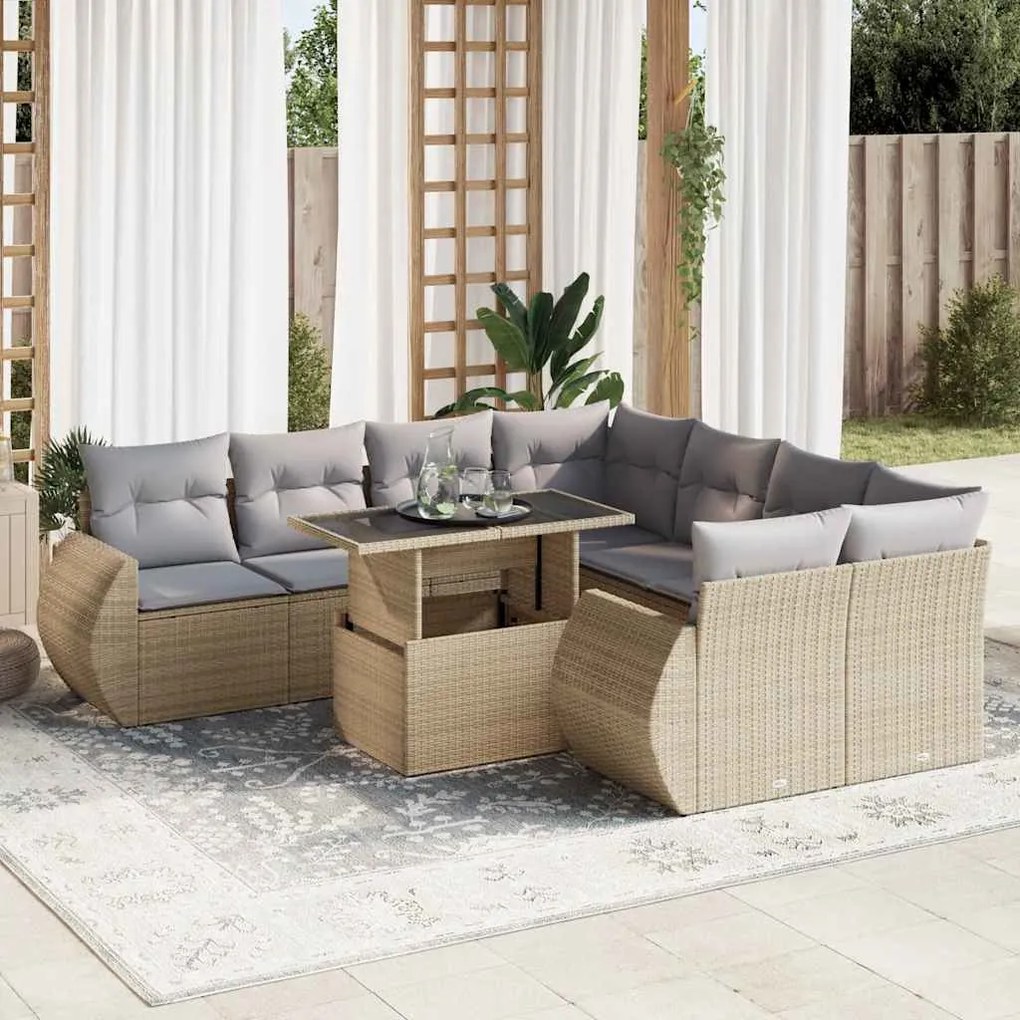 vidaXL Set canapele de grădină, 9 piese, cu perne, bej, poliratan