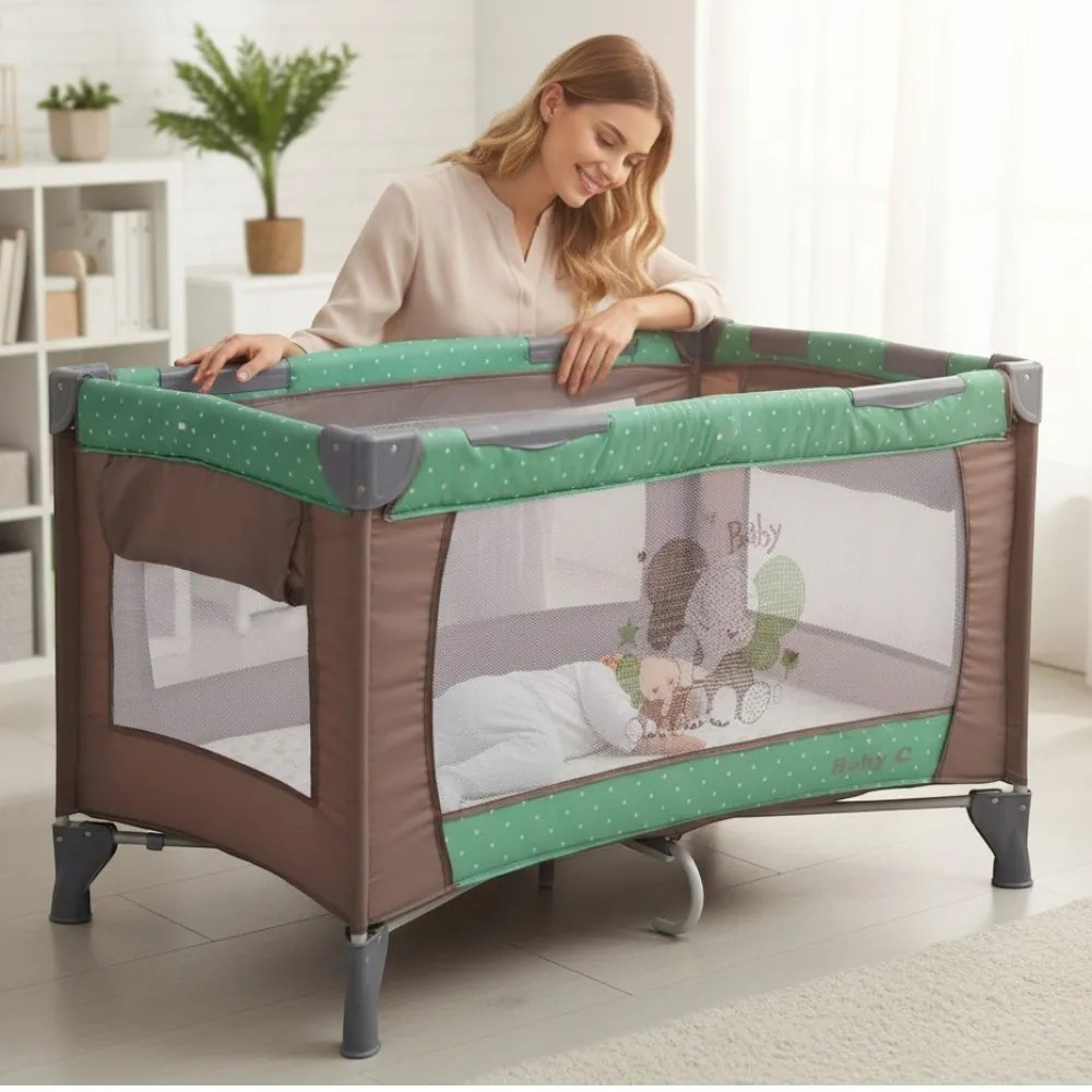 Patut Pliabil si Tarc copii Baby Care™ PRO FMG, 120X60 cm, 2 Niveluri de inaltime, Cu geanta transport inclusa, Plasa insecte, Maron cu Verde