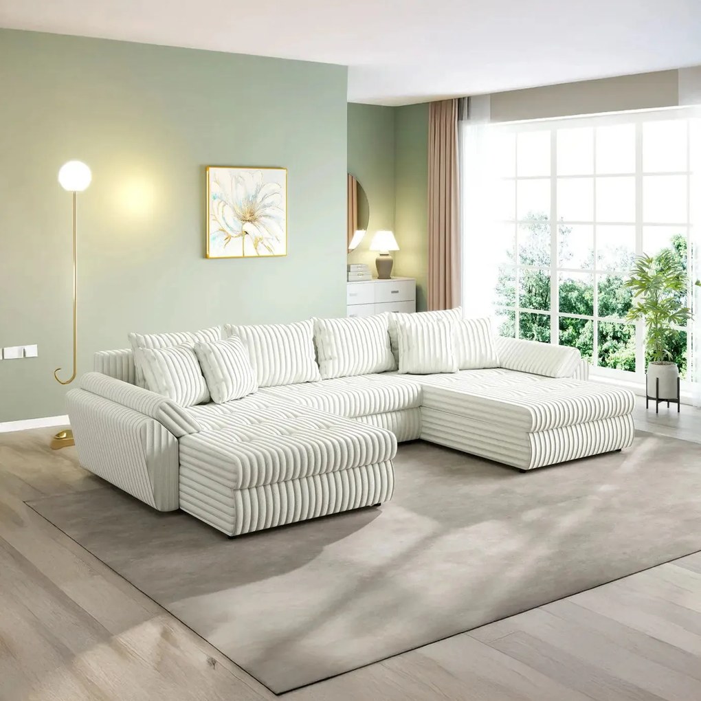Colțar extensibil dumonde cu ladă de depozitare si sezut confortabil din spuma high-density, Loana U Ambience Ivory 355x185 cm