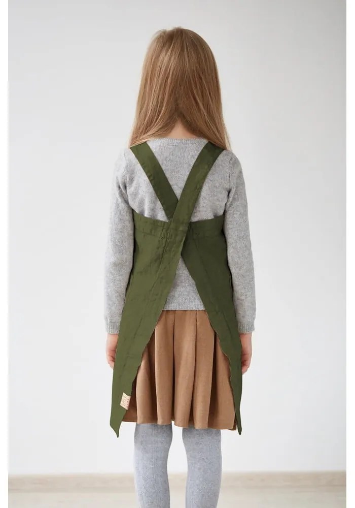 Șorț din in pentru copii Linen Tales Pinafore, 60 x 34 cm, verde închis