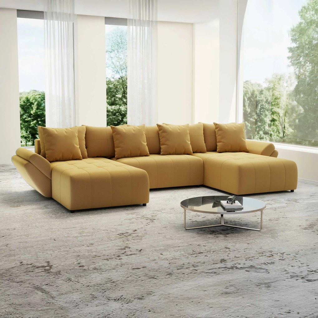 Colțar extensibil dumonde cu ladă de depozitare si sezut confortabil din spuma high-density, Berlin U Royal Mustar 380x180 cm