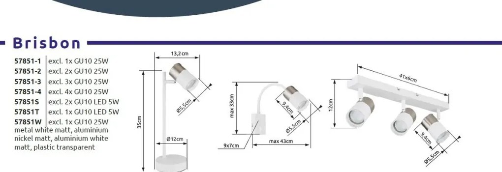 Plafoniera cu 3 Spoturi directionabile BRISBON nickel/alb