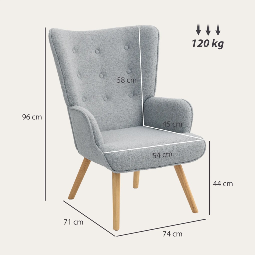 HOMCOM Scaun de salon din material textil bouclette, scaun capitonat și umplut cu picioare din lemn, 71 x 74 x 96 cm, gri deschis | Aosom Romania
