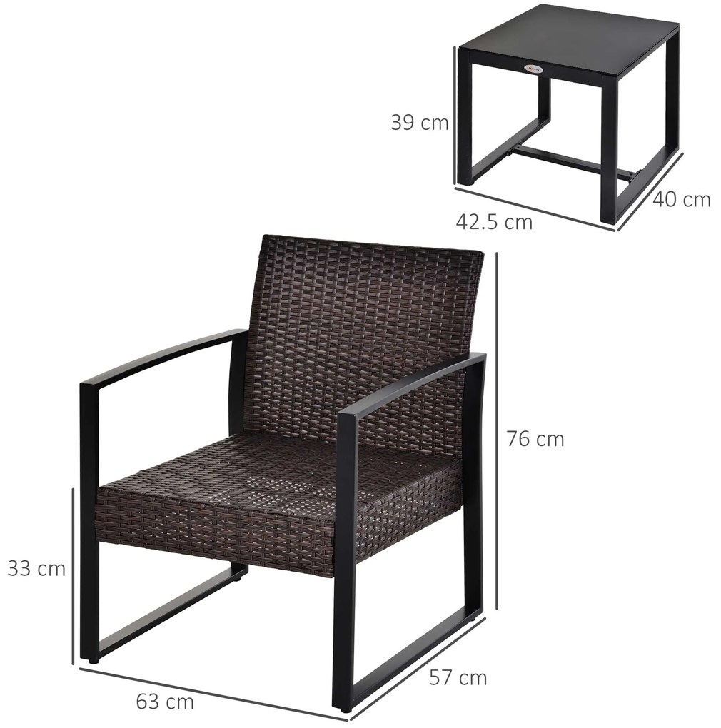 Set de mobilier de balcon Outsunny din Poliratan pentru 2 persoane, set de balcon cu perne Maro+Crem | Aosom Romania