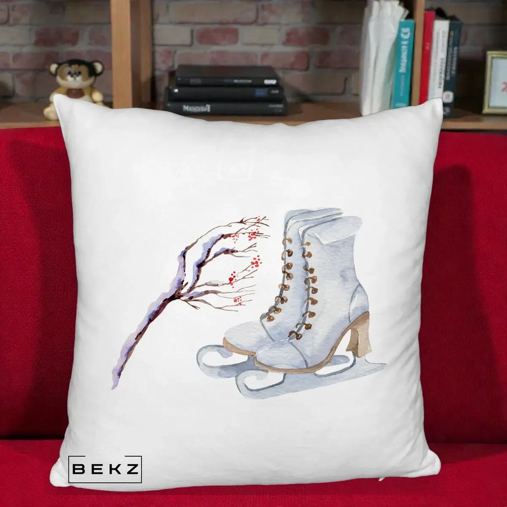 Perna Decorativa Patine cu Ramuri Inzapezite, 40x40 cm, Alb Pufos, Husa Detasabila, Perna Inclusa, BEKZ®