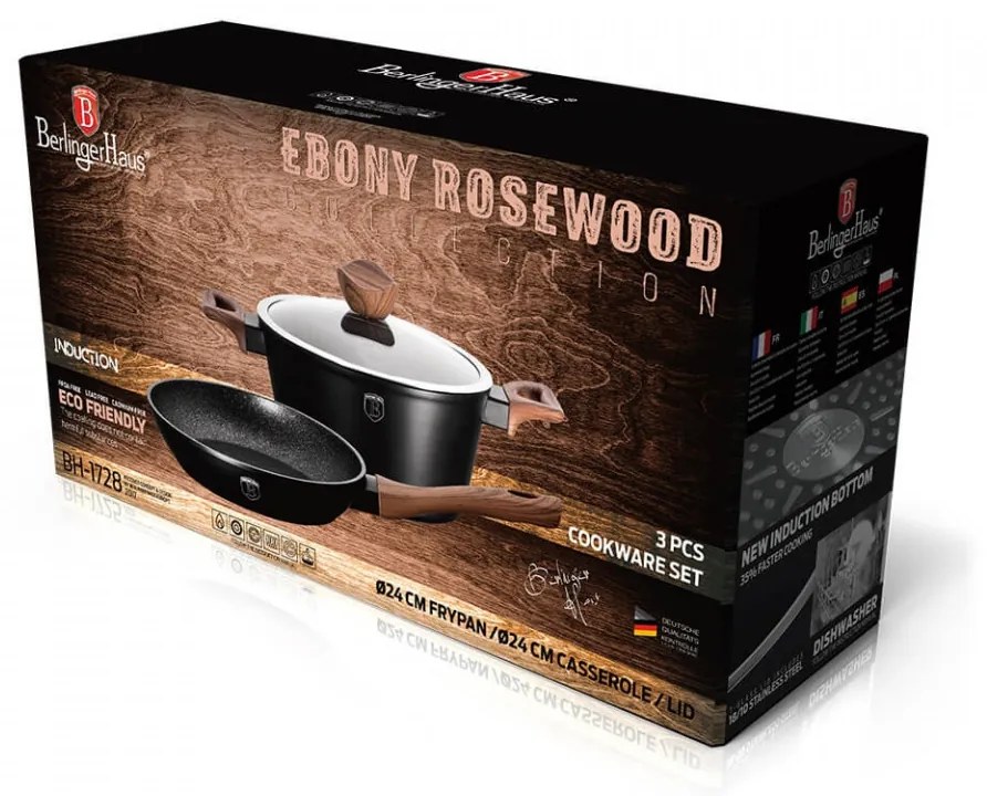 Set oala cu capac si tigaie marmorate (3 piese) din aluminiu forjat Ebony Rosewood Collection Berlinger Haus BH 1728